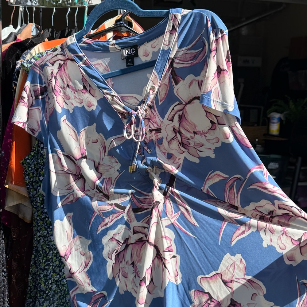 INC International Concepts Blue Floral Lace-Up V-Neck Tunic
